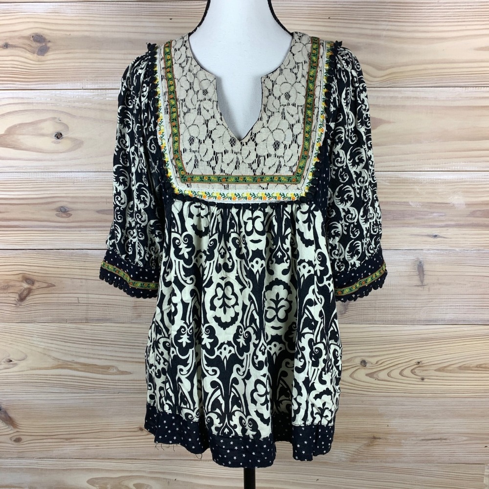 Ivy Jane Tunic Top Womens Medium Black Mixed Print Lace Boho Blouse